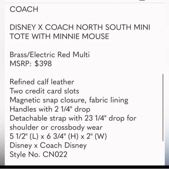 Coach Disney Colab. North South Mini Tote w Minnie Mouse Red Spec. Coll. NEW - Picture 13 of 13